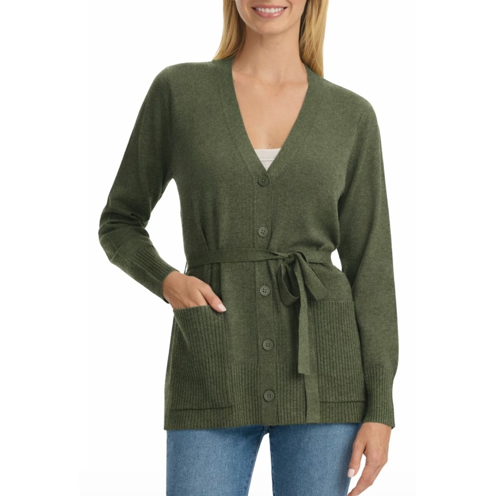 Splendid‎ Women's Belted Button Front Cardigan Small Olive Green Pockets NWT